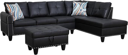 Osparple L Shaped Couch Faux Leather Sectional Couch Upholstered 3 Pieces Sofas for Living Room with Chaise, Ottoman with Storage for Office and Small Apartment, Graceful Black