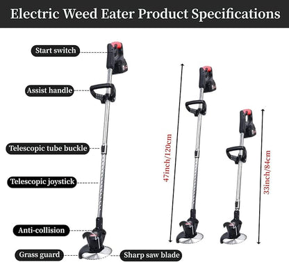 21V Electric Weed Wacker with Wheel, Cordless Weed Eater with 2 x Batteries & 1 Charger, 3 in 1 Grass String Trimmer/Brush Cutter/Edger, Stringless Lightweight Weed Trimmer for Garden, Yard and Lawn
