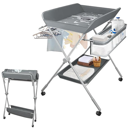 Baby Changing Table, Portable Folding Diaper Changing Station with Wheels, Adjustable Height Nursery Organizer with Safety Belt & Storage Basket & Hanging Rack for Newborn Baby and Infant (Gray)