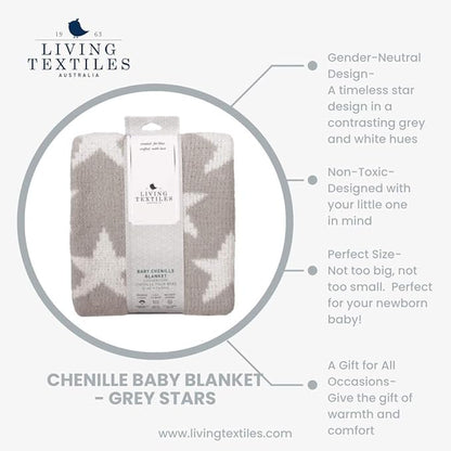 Living Textiles Grey Stars Chenille Soft Baby Blanket Reversible Premium Cozy Fabric for Best Comfort - for Infant,Toddler,Newborn,Nursery,Boy,Girl,Unisex,Throw,Crib,Stroller,Gift, Grey Stars 40x30