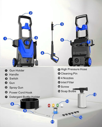 AgiiMan Pressure Washer, Power Washer, High Pressure Cleaner for Cars, Patios, Driveways, Blue