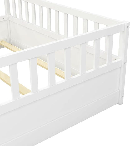 Bellemave Full Floor Bed with Slats and High Fence, Full Size Montessori Floor Beds with Door, No Box Spring Needed, Easy Assemble Montessori Bed Frame(White Full)