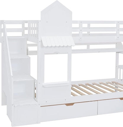 MERITLINE Twin Over Twin Castle Bunk Bed with Slide,Stairs and Drawers,Solid Wood Floor House Princess Bunk Bed with Storage Shelves (White)