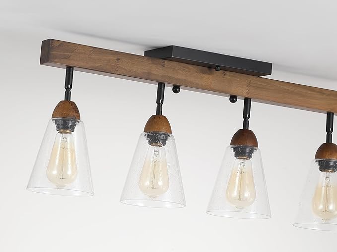 4-Light Large Rustic Farmhouse Wood Flush Mount Ceiling Light Fixture Clear