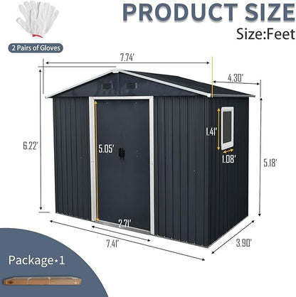 4x8 FT Outdoor Storage Shed, Metal Garden Shed with Frame Floor, Outside Tool Shed with Window, Waterproof Storage Building with Lockable Sliding Doors & Sloped Roof for Backyard, Patio, Black