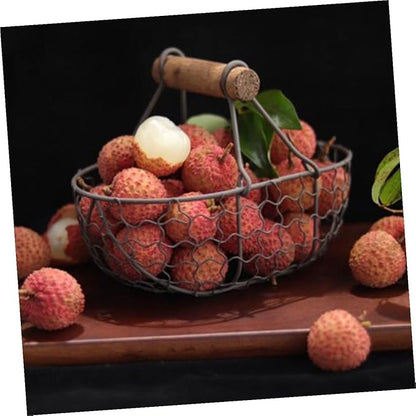 2pcs Retro Farmhouse Style Storage Baskets with Wooden Handles, Vintage Metal Wire Fruit and Vegetable Organizer for Kitchen Pantry, Snack and Egg Holder Set