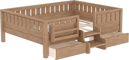 Bellemave Full Size Bed with Slats and Stairs, Full Size Platform Bed Frame with Fence, Bookshelf and Storage Drawers, Easy Assemble Beds for Kids, Girls, Boys, Natural