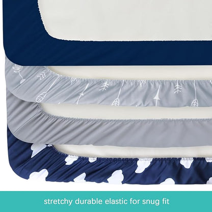 4-Pack Fitted Pack and Play Sheets for Boys and Girls - Breathable, Soft Microfiber Baby Sheets in Grey and Navy