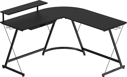 SHW 51 x 51 Inches Vista L-Shaped Desk with Monitor Stand and Drawer, Black