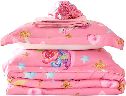 Wajade Pink Unicorn Comforter Set for Girls 7 Piece Cute Cartoon Bedding Set for Kids Full Size as Birthday Gift with Comforter, Sheet Set, Pillowcase and Sham