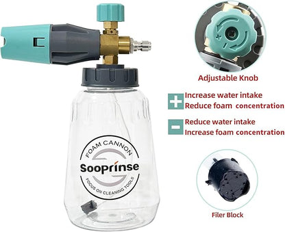 Sooprinse Foam Cannon, Adjustable Snow Foam Lance Transparent Body, Professional Car Foam Blaster with 1/4 Inch Quick Connector, 4000 PSI, 1L