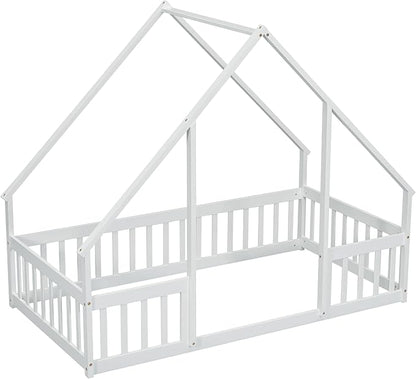 Bellemave Twin Floor Bed for Kids, Girls, Boys, Wood House Bed Frame, House Floor Bed for Kids, Twin Size Montessori Floor Bed with Fence, Playhouse, White