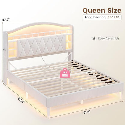 ADORNEVE Queen Bed Frame with LED Lights, Princess Velvet Upholstered Platform Bed for Girls, Headboard with Charging Station & Guardrail & Crystal Button, No Box Spring Needed, Beige