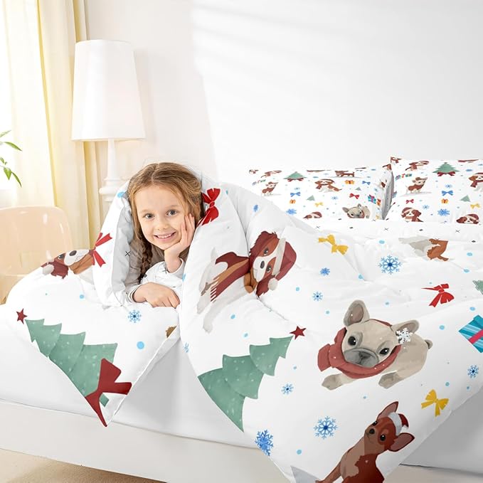 Feelyou Christmas Puppy Comforter Set All Season Festive Pet Bedding Set with 1 Pillow Cases Cute Dog Kids Twin Bedclothes Xmas Tree Snowflake Bedroom Decor Duvet Quilt Breathable Soft Lightweight