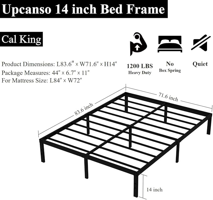 California King Metal Bed Frame, 14 Inch Heavy Duty Storage Platform Bed Frame with 2500lbs Steel Slats Support, Easy Assembly, Black