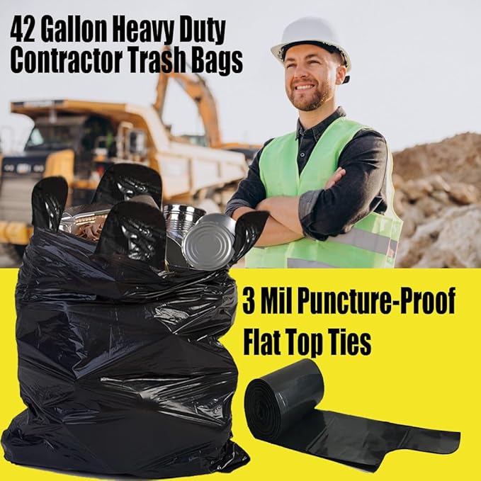Contractor Heavy Duty Trash Bags 42 Gallon | 52 Count | 3 MIL | 32.8" X 46" | Large Black Flap Tie Construction Garbage Bags for Business Home Commercial, Industrial, Storage, Outdoor