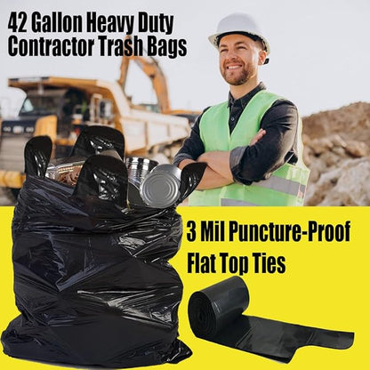 Contractor Heavy Duty Trash Bags 42 Gallon | 52 Count | 3 MIL | 32.8" X 46" | Large Black Flap Tie Construction Garbage Bags for Business Home Commercial, Industrial, Storage, Outdoor