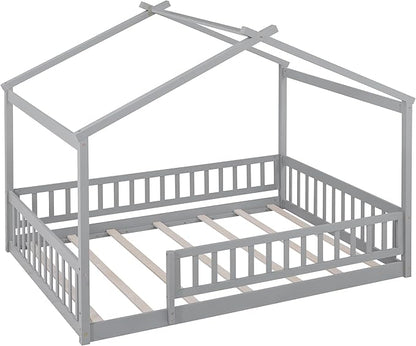 Merax Full Size Wooden House Bed with Fence, Wood Bed Frame with Roof and Safety Guardrail for Kids, Teens, Boys or Girls, Gray