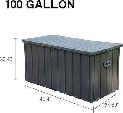 KUIKUI 100 Gallon Deck Box Waterproof, 100 Gallon Outdoor Storage Box, Metal Deck Box Waterproof for Pool Patio Cushions and Sports Pools Equipment, Dark Gray