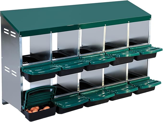 10 Compartment Metal Chicken Nesting Box, Automatic Roll-Out Egg Collection, Waterproof Galvanized Steel Laying Box, for Hens Ducks Rabbits, Green