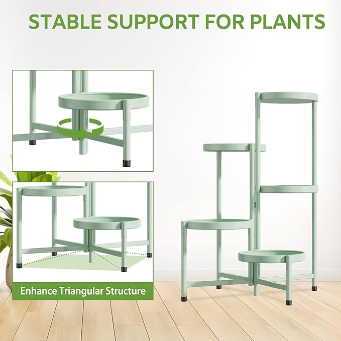 iDavosic.ly 5 Tier Large Plant Stand Indoor, 10 Inch Wide Corner Tall Metal Plant Stands Outdoor for Multiple Plants, Folding Tiered Flower Display Holder Rack Shelf, Light Green