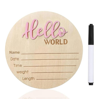 Baby Announcement Sign, 5.9 Inch Wooden Hello World Newborn Signs, Birth Announcement Sign, Baby Shower Hospital Nursery for Newborn Boys and Girls (Pink,Pen)