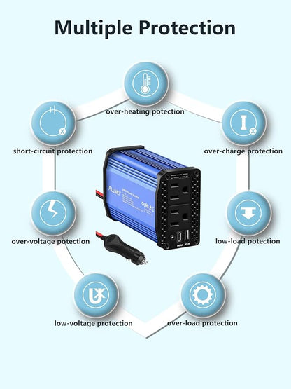 ALLWEI 300W Car Power Inverter, DC 12V to 110V AC Converter Car Plug Adapter Outlet with 65W PD USB-C & 18W USB-A Fast Charge, Car Cigarette Lighter Charger for Phone, Laptop, Tablet - Blue