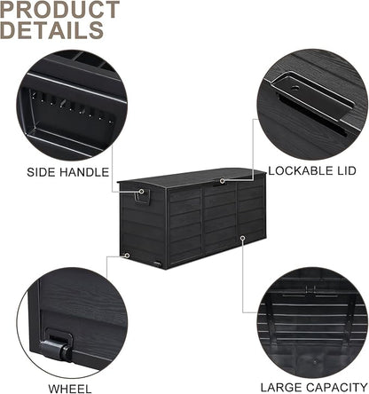 75 Gallon Resin Deck Box, Waterproof Outdoor Storage Box with Wheels, Lockable Lid and Handles, Large Deck Storage for Outdoor Gear, Patio Furniture Cushion, Gardening Tools, Jet Black