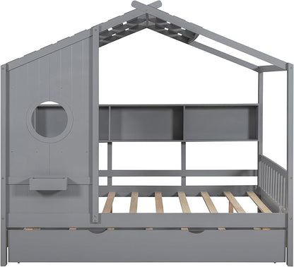 Harper & Bright Designs Full Size Modern House Bed with Roof, Wooden Twin Kids House Bed Frame with Trundle and Storage Shelf, Gray
