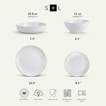 Stone Lain Lauren Stoneware, Rustic Plates and Bowls Set, Dinnerware, Service for 4, Speckled Off White, Dishwasher & Microwave Safe, 16-Piece