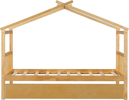 Harper & Bright Designs Twin House Bed for Kids, Wood Platform Bed with Trundle, Montessori Bed with Roof, Playhouse Trundle Beds for Kids,Teens, Bedroom, Natural
