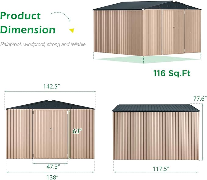 U-MAX 10' x 12' Shed Outdoor Storage Shed Clearance, Large Metal Garden Shed Yard Steel Shed with Design of Lockable Doors, Tool and Utility Storage for Backyard, Garden, Patio, Outside use Taupe
