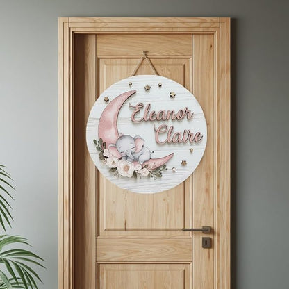 Personalized Wooden Name Signs for Nursery, Moon Elephant Sign for Baby Door Decor, Newborn Gifts for Girl, Girls Nursery Wall Bedroom Decorations, Mother's Day Gifts for New Mom Dad Gift