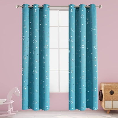 LORDTEX Dinosaur and Star Foil Print Blackout Curtains for Kids Room - Thermal Insulated Curtains Noise Reducing Window Drapes for Boys and Girls Bedroom, 42 x 84 Inch, Teal, Set of 2 Panels
