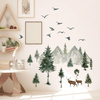 Watercolor Mountain Pine Tree Wall Decals Forest Tree Woodland Deer Birds Wall Stickers for Kids Bedroom Newsery Living Room Wall Decor