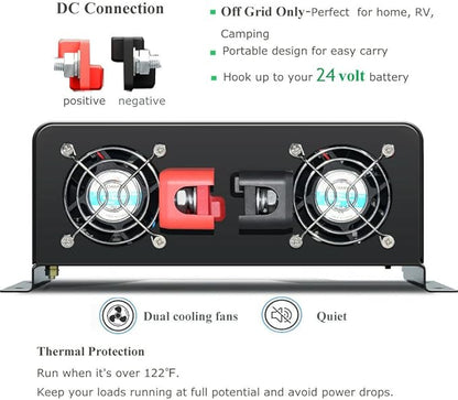 WZRELB 3500Watts Pure Sine Wave Power Inverter 24VDC to 120VAC 7000W Peak Dual AC Outlets 2× 2.4A USB Port &Hardwire Terminal Off-Grid Solar Converter RV Trucks