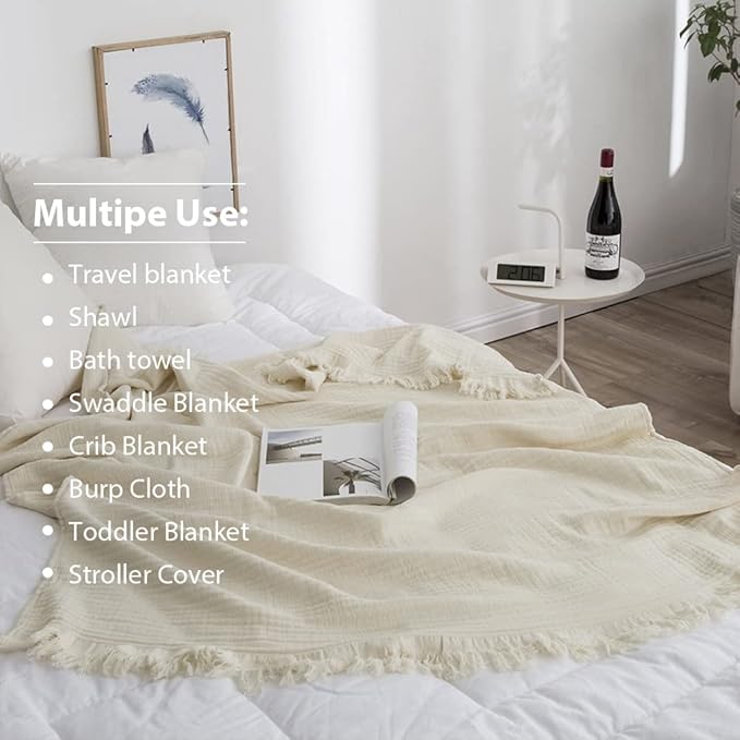 Simple&Opulence Cotton Muslin Throw Blanket for Bed, Couch, Knit Woven Gauze Blanket with Tassels, Soft Lightweight Cozy Pre-Washed Breathable Farmhouse Decoration for All-Season (Cream)