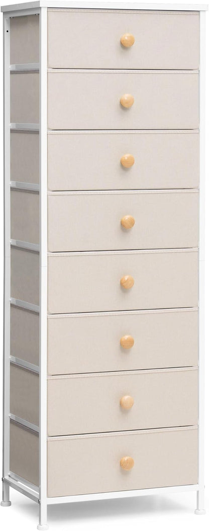 Crestlive Products Tall Dresser, 8-Drawer Fabirc Storage Tower, Chests of Drawers - Vertical Organizer Unit for Bedroom, Hallway, Entryway, Nursery, Closets - Steel Frame, Wood Top & Handles (Beige)