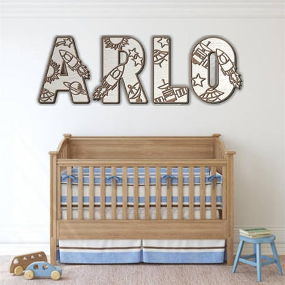 Personalized Wooden Name Sign - Custom Baby Name Signs for Nursery & Kids Room, Baby Announcement Sign, Wall Name Signs Personalized, Round Wooden Letters for Nursery Decor (Space 3D)
