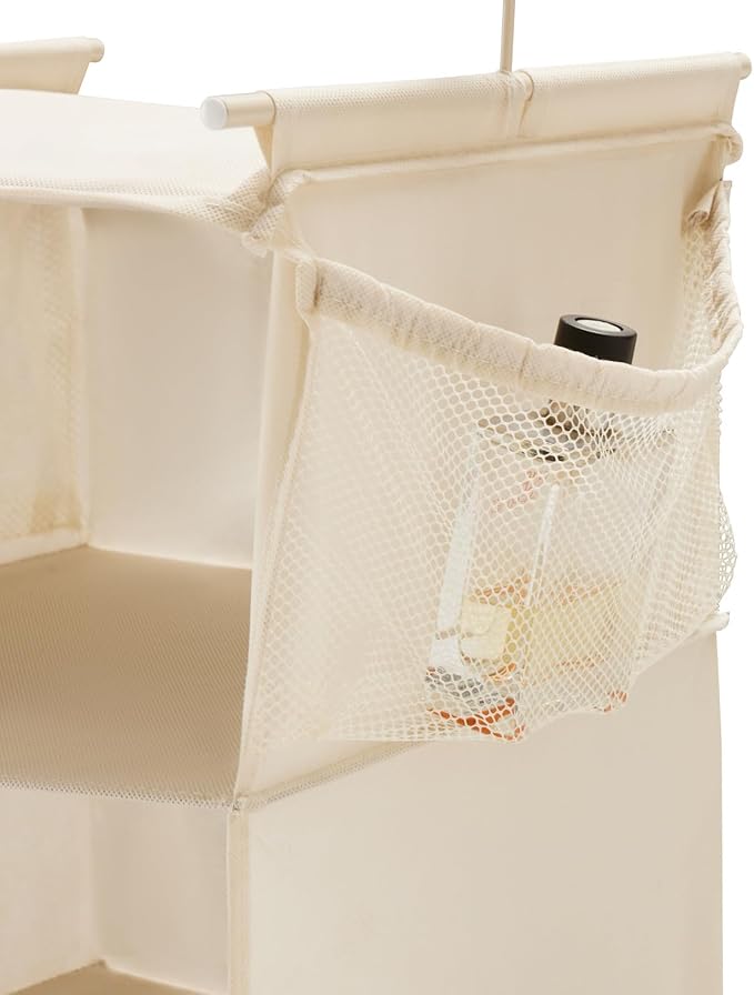 MAX Houser 5 Shelf Hanging Closet Organizer, Space Saver, Cloth Hanging Shelves with 4 Side Pockets, Foldable, Beige
