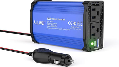 ALLWEI 300W Car Power Inverter, DC 12V to 110V AC Converter Car Plug Adapter Outlet with 65W PD USB-C & 18W USB-A Fast Charge, Car Cigarette Lighter Charger for Phone, Laptop, Tablet - Blue
