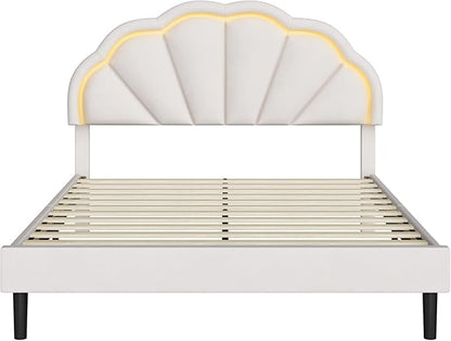 HIFIT Full Upholstered Smart LED Bed Frame with Adjustable Chic Petal Headboard, Princess Full Size Platform Bed Frames for Kids/Girls, Wooden Slats Support, No Box Spring Needed, Easy Assembly, Beige