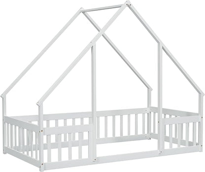 Bellemave Twin Floor Bed for Kids, Girls, Boys, Wood House Bed Frame, House Floor Bed for Kids, Twin Size Montessori Floor Bed with Fence, Playhouse, White