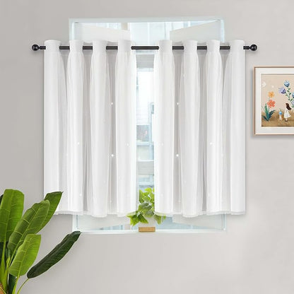 Kinryb Kids Blackout Small Curtains for Bedroom/Living Room/Classroom, Sheer Overlay 2 Free Tiebacks,Double Layer Curtains with Star Cutout for Kids Room(W 52 x L 36 Inches,Greyish White 2 Pcs)