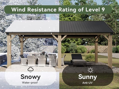 Aoxun 12' x 20' Outdoor Wood Gazebo, Hardtop Gazebo Permanent Wooden Pavilion with Galvanized Steel Gable Roof, for Patio, Garden, Deck, Cedar Wood