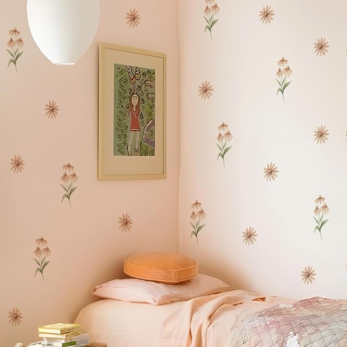 YouRfocus Daisy Wall Decals | 60 PCS Boho Flower Stickers for Girls' Rooms, Playrooms, and Nurseries | Dual Layer Print for High Coverage | Removable Peel and Stick Wall Decor (Orange) | 12 Sheets