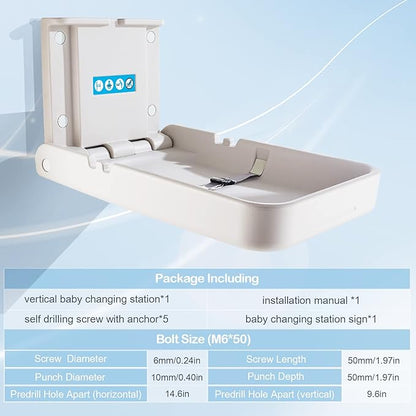 Baby Changing Tables Fold-Down Baby Changing Station Wall-Mounted Vertical Portable Diaper Table Changing Unit Commercial Bathrooms Corner Nursery White Gray
