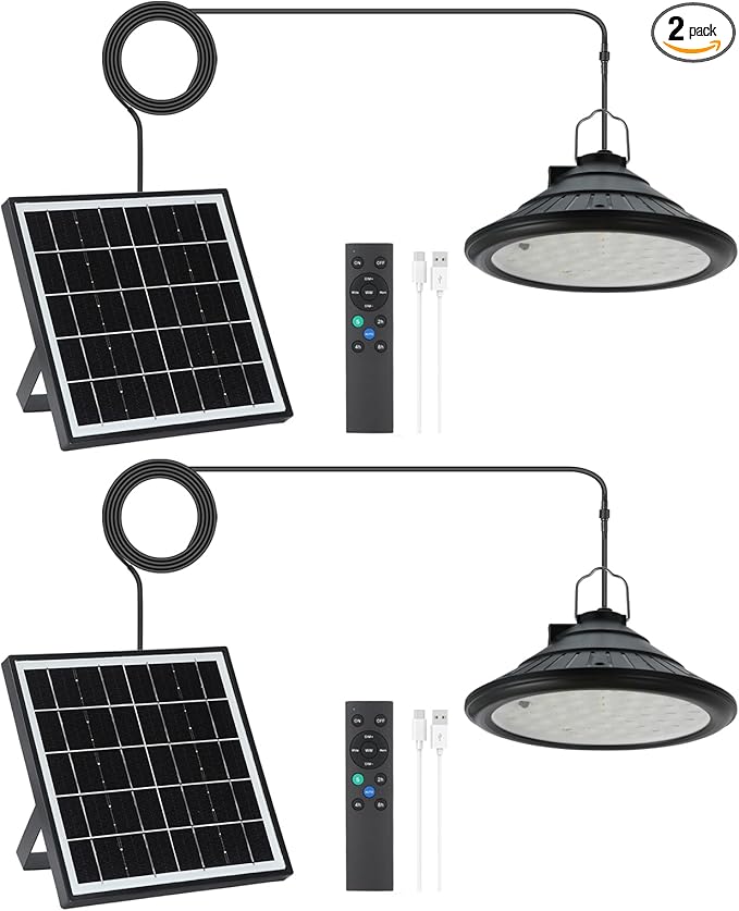 Solar Chicken Coop Light with Remote, Outdoor IP66 Waterproof Pendant Lights, 4500mAh Rechargeable Solar Barn Lights, 3 Modes, 4 Brightness Levels, 24H Timer, 16.4ft Cable for Patio Garden, 2-Pack