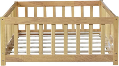 Bellemave Twin Size Floor Bed for Kids, Girls, Boys, Rubber Wood Floor Bed with slats and Door, Natural