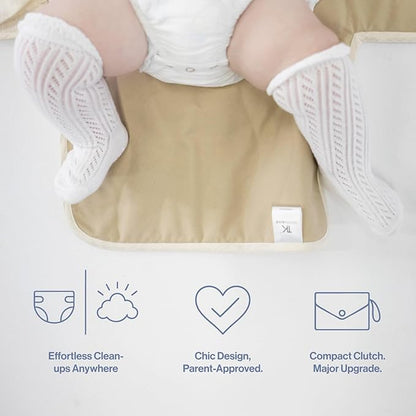 Toddlekind Mini Maven Portable Changing Pad – Organic Cotton & Water-Resistant Polyester – Travel-Friendly, Foldable Change Mat – Tofu Beige Stripes with Wave Stitching – Chic, Durable, Easy to Clean